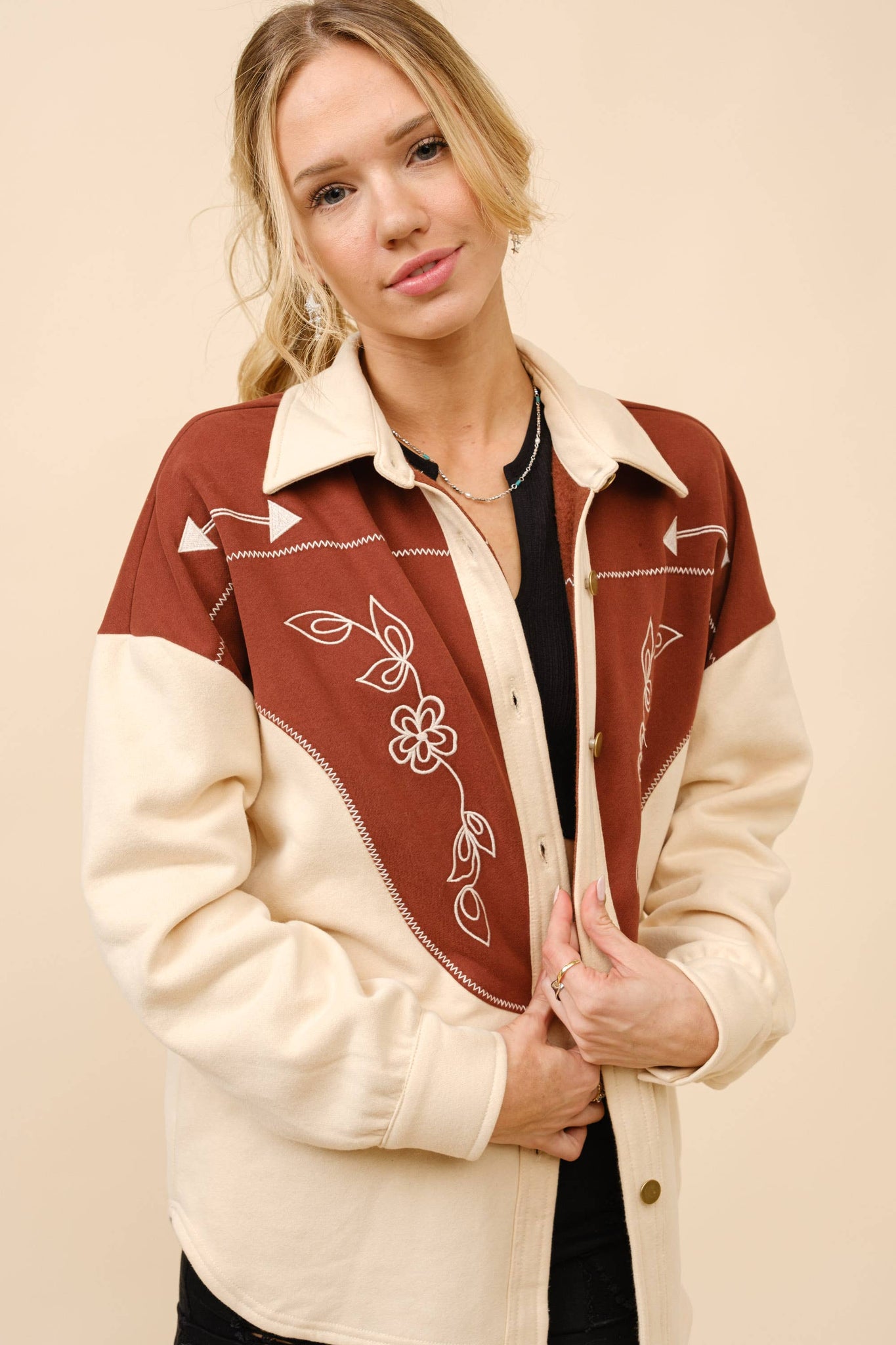 36553J - Western Yoke Embroidered Shirt Jacket: TAUPE BROWN