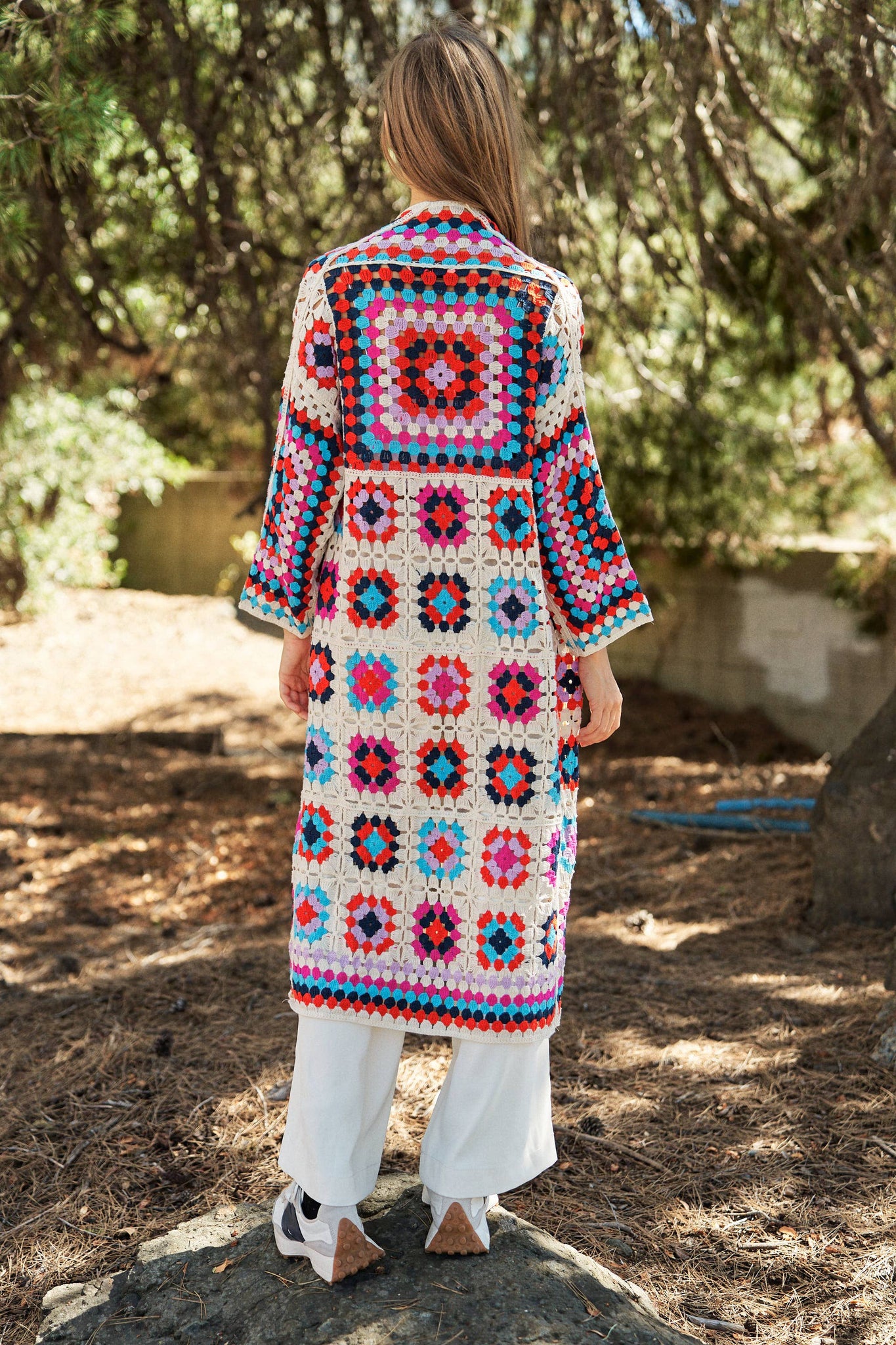 GRANNY SQUARE OPEN MIDI CROCHET KNIT CARDIGAN: ONE / White Multi