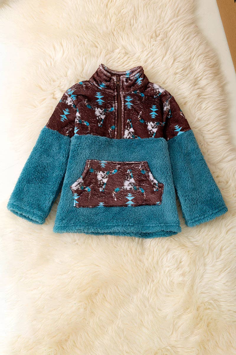 Sherpa & fleece aztec printed on teal pullover. (WESTERN) TPB50690
