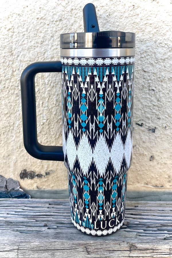 Teal Black Ivory Printed Flip Straw Tumbler (30oz)