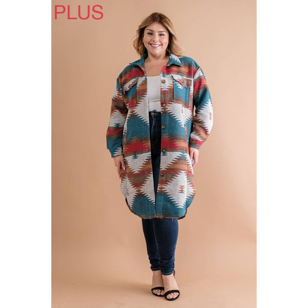 PLUS LONG TRIBAL AZTEC BUTTON DOWN SHIRT JACKET SHACKET: Rust / Turquoise