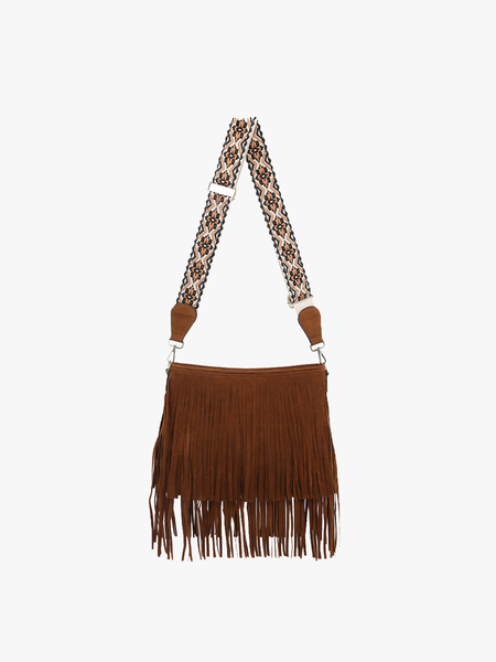 M2045 Sadie Suede Fringe Crossbody w/ Guitar Strap: Brown