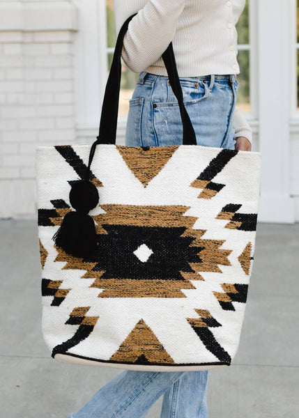 White, Black & Brown Aztec Tote