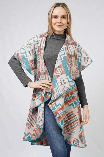 Aztec Reversible Round Shawl Vest: Turquoise