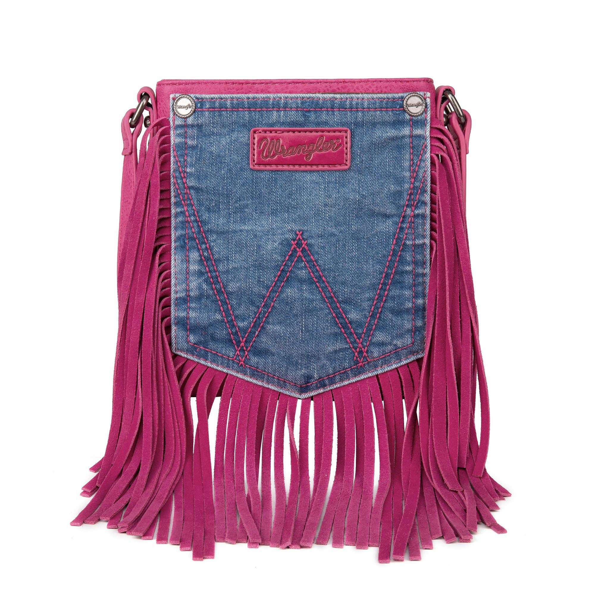 WG44-8360 Wrangler Leather Fringe Jean Denim Pocket Crossbody - Hot Pink: Pink