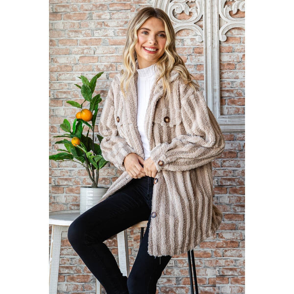 Stripe Sherpa Faux Fur Jacket: Taupe / L