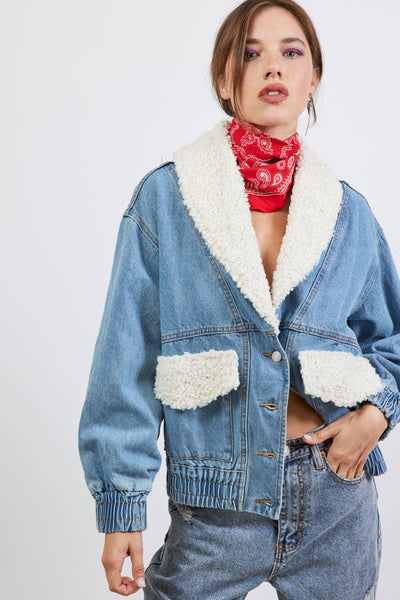 SHAWL COLLAR DENIM JACKET WITH FUR DETAIL S5778A: MEDIUM DENIM / MEDIUM