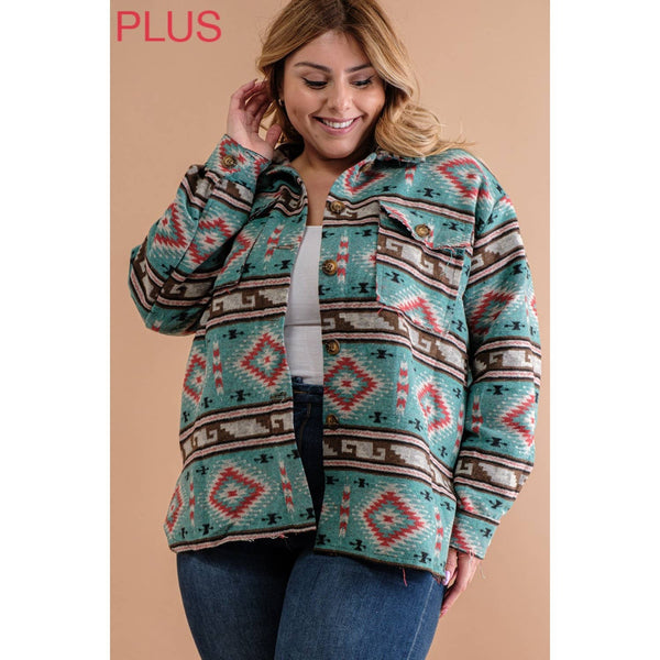 PLUS TRIBAL AZTEC PATTERN BUTTON DOWN SHIRT JACKET: Teal