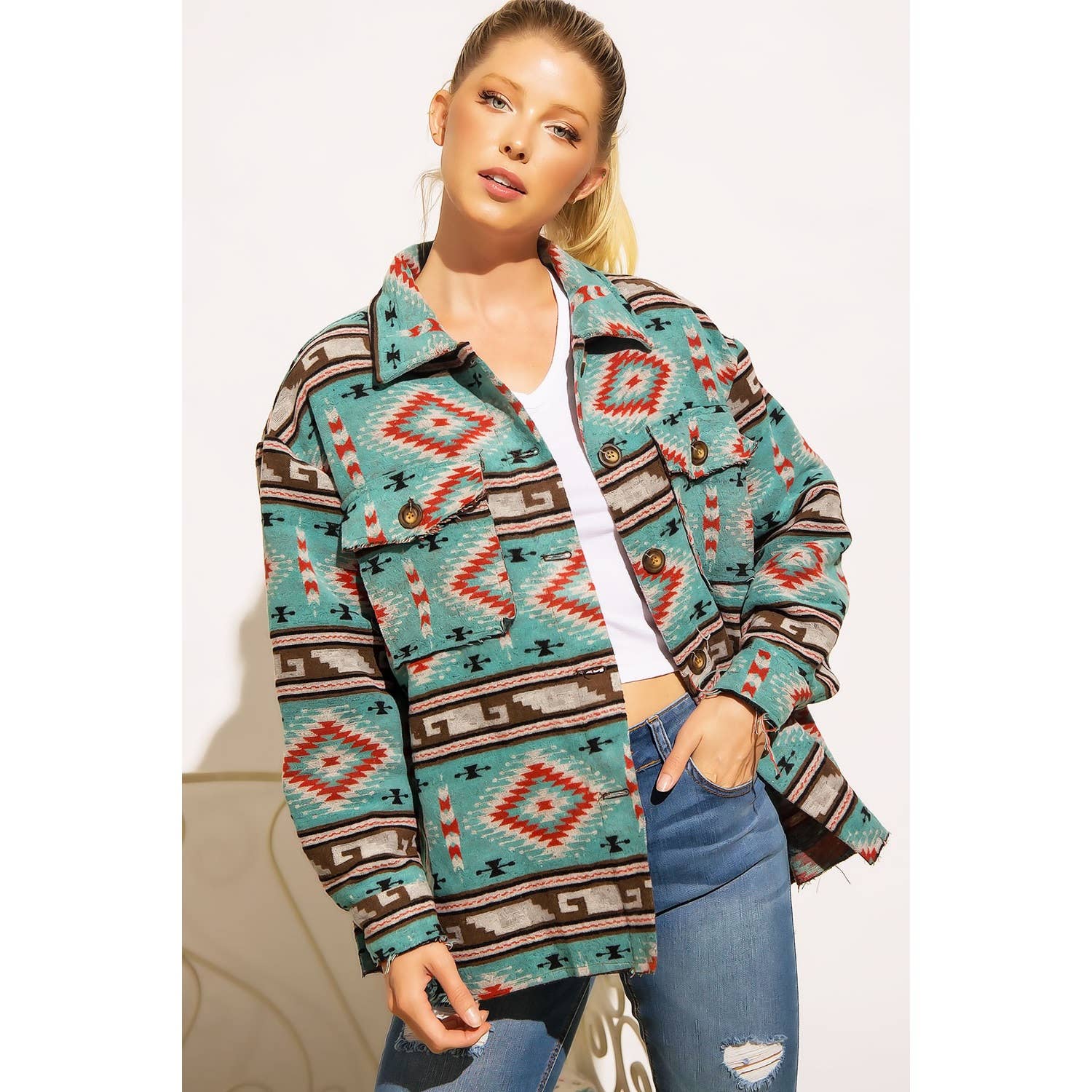 TRIBAL AZTEC PATTERN BUTTON DOWN SHIRT JACKET: Teal