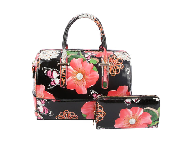 2 IN 1 PATENT FLORAL SATCHEL: Black / ONE SIZE