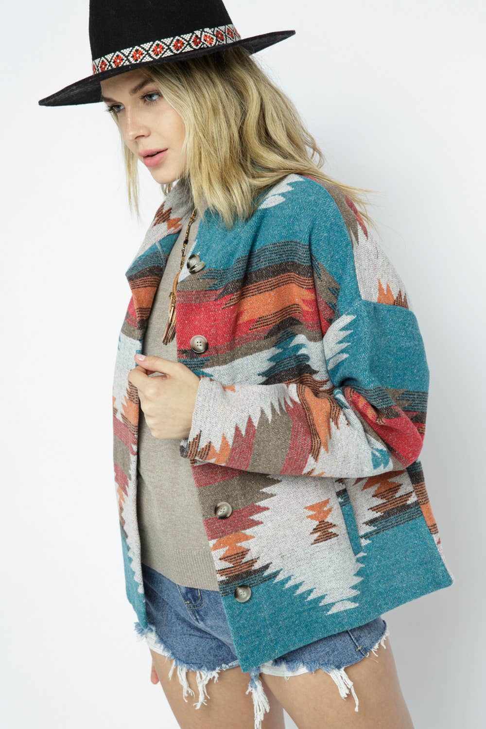 30012J - SOFT COMFY LIGHT WEIGHT AZTEC PATTERN JACKET:/ TEAL RED MIX