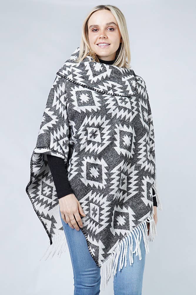 Western Pattern Tassel Poncho: Black