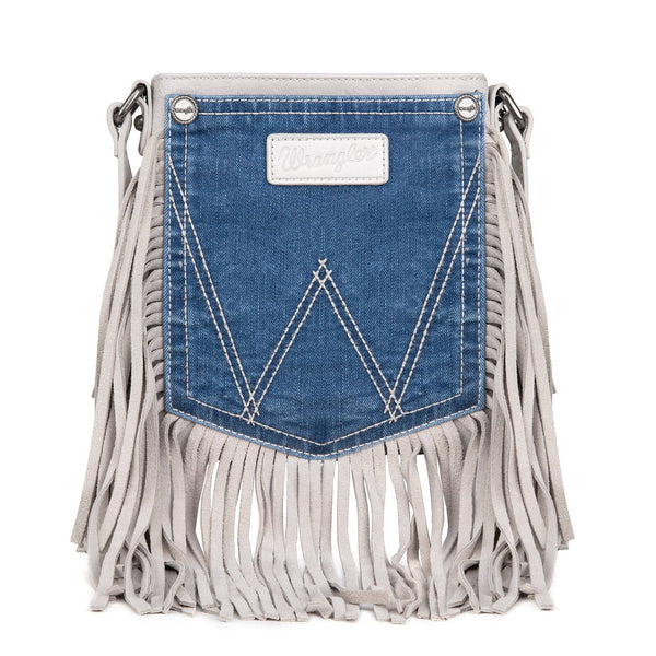 WG44-8360 Wrangler Leather Fringe Jean Denim Pocket Crossbody - White: Beige