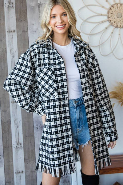 Plaid Checkered Fringe Hem Shacket:/ BLACK