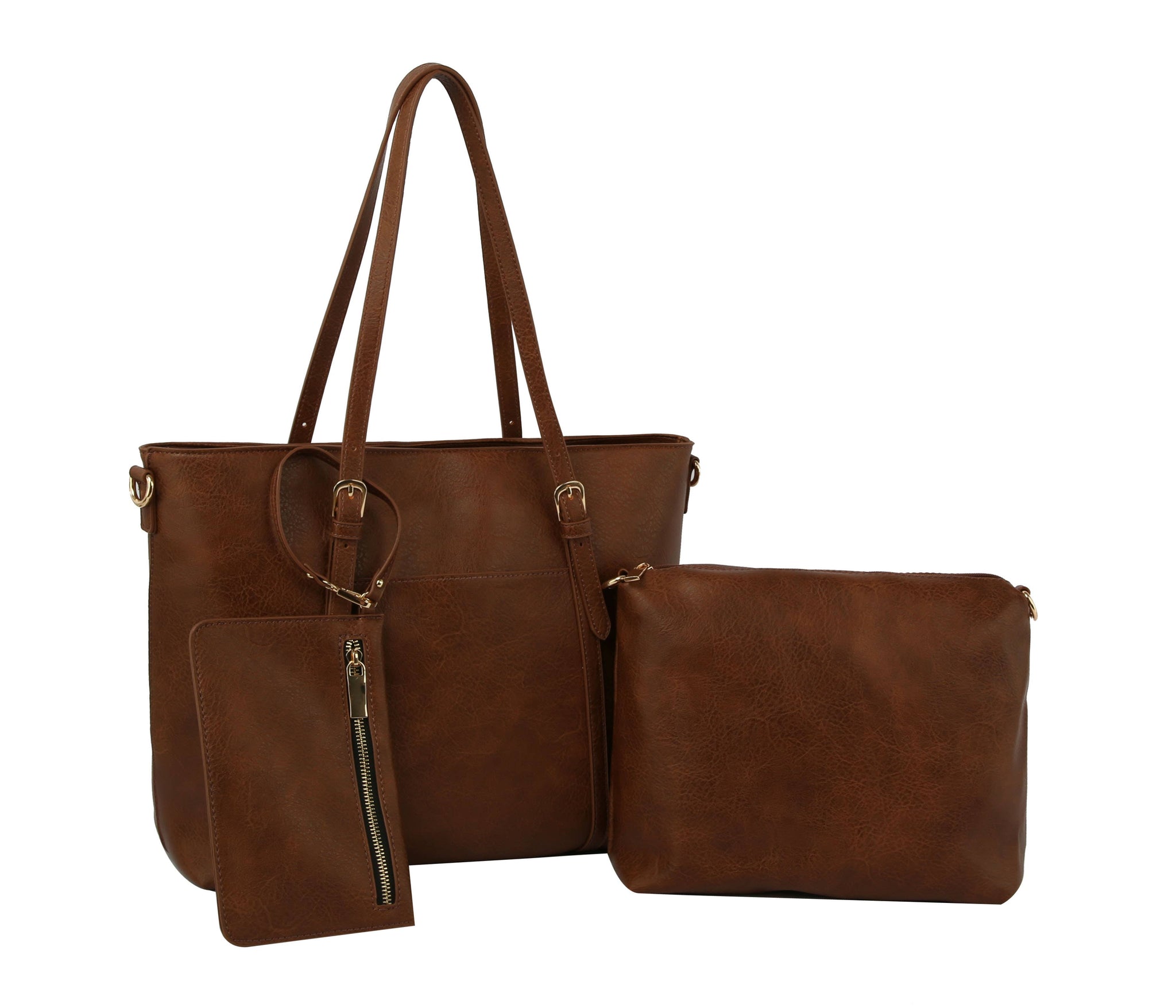 Three Piece Large Tote Handbag Set: Brown / ONE SIZE