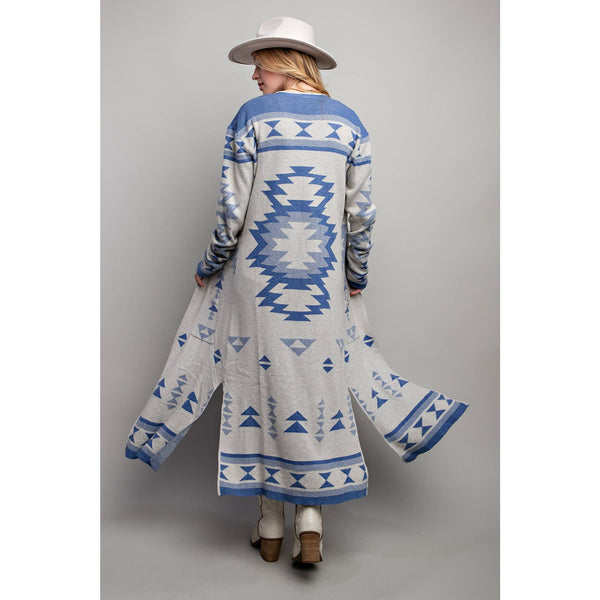 AZTEC PATTERN LONG CARDIGAN: Blue Multi