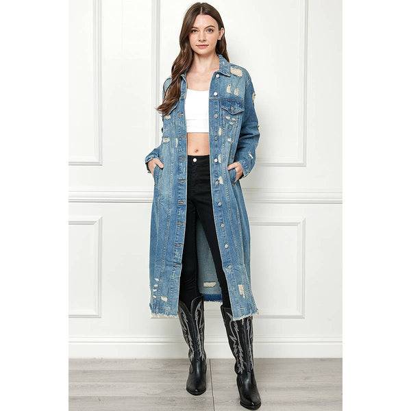 Distressed Long Denim Jacket: Med Wash