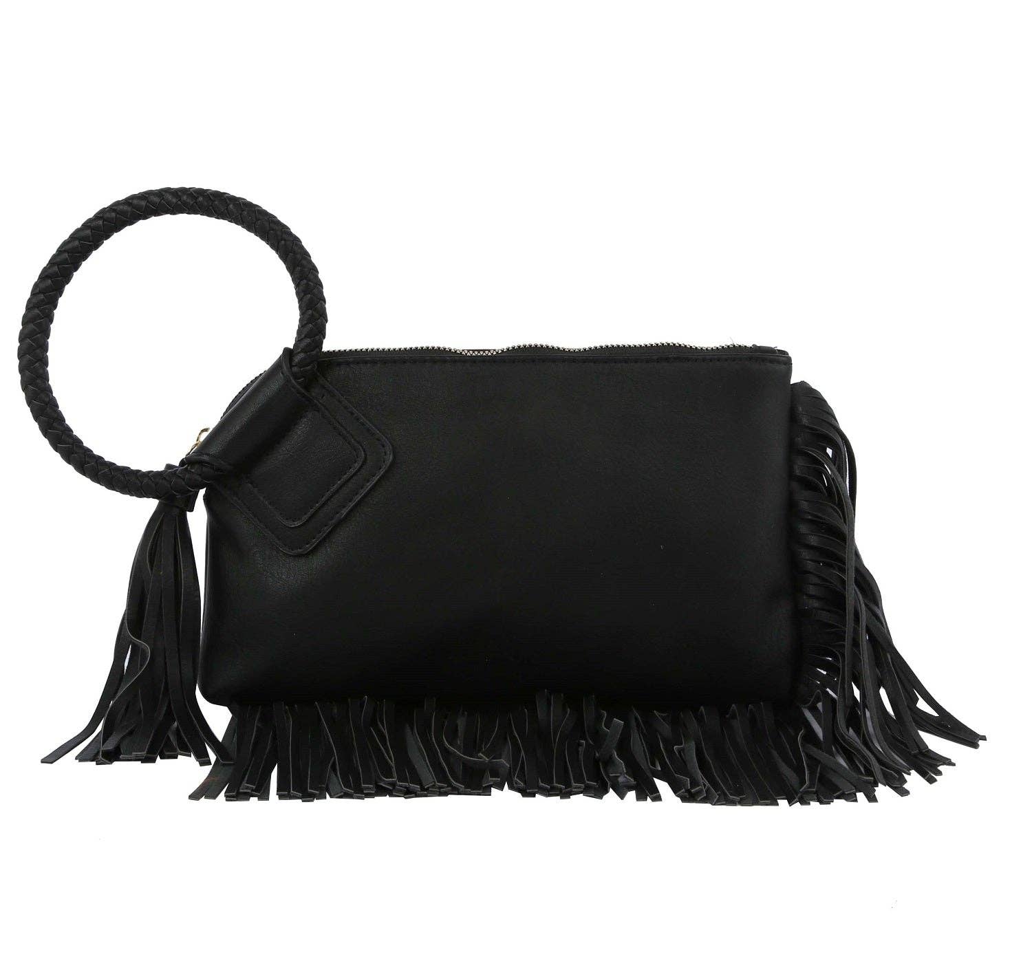 JY0378 Fringe Soft Vegan Leather Wristlet/Clutch: Black