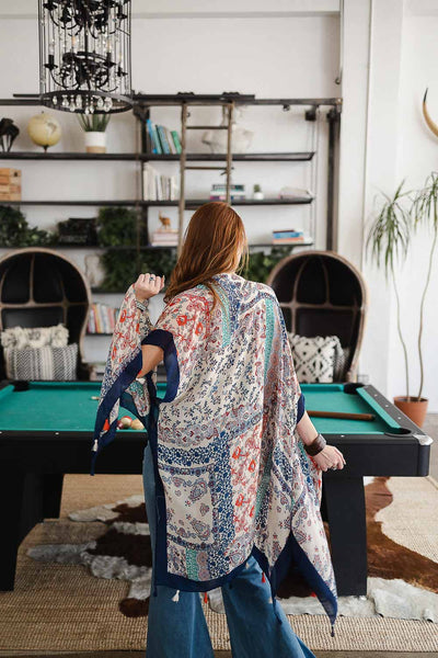 Paisley Floral Patchwork Kimono with Tassels: Navy