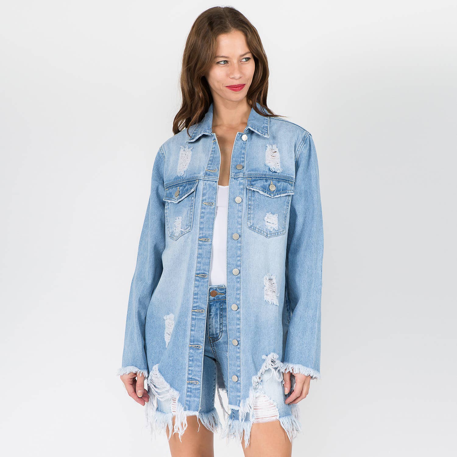 DISTRESSED DENIM SHIRT STYLE JACKET-RJK3661: LIGHT BLUE / L