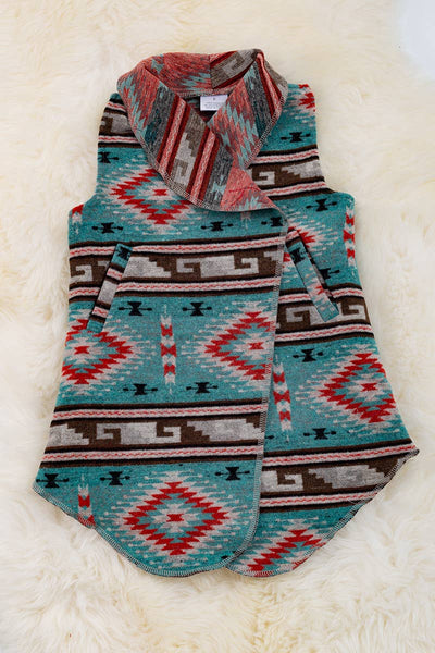 (GIRLS) TEAL AZTEC PRINTED CARDIGAN.