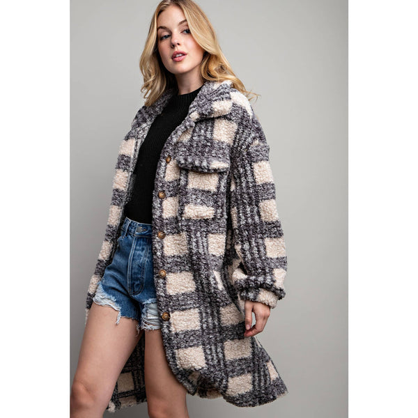 PLAID TEDDY OVERSIZE JACKET:Navy