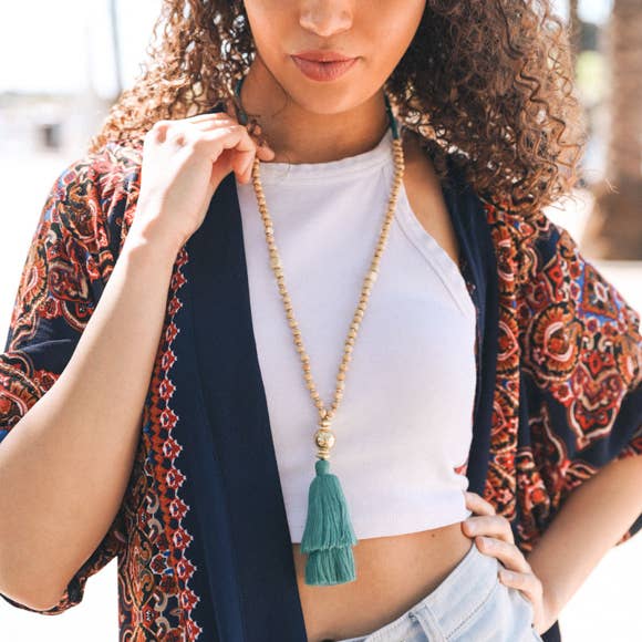 Bohemia Beaded Tassel Necklace: Teal