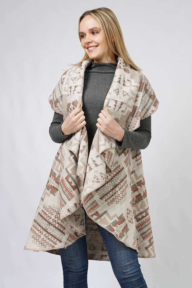 Aztec Reversible Round Shawl Vest: Beige