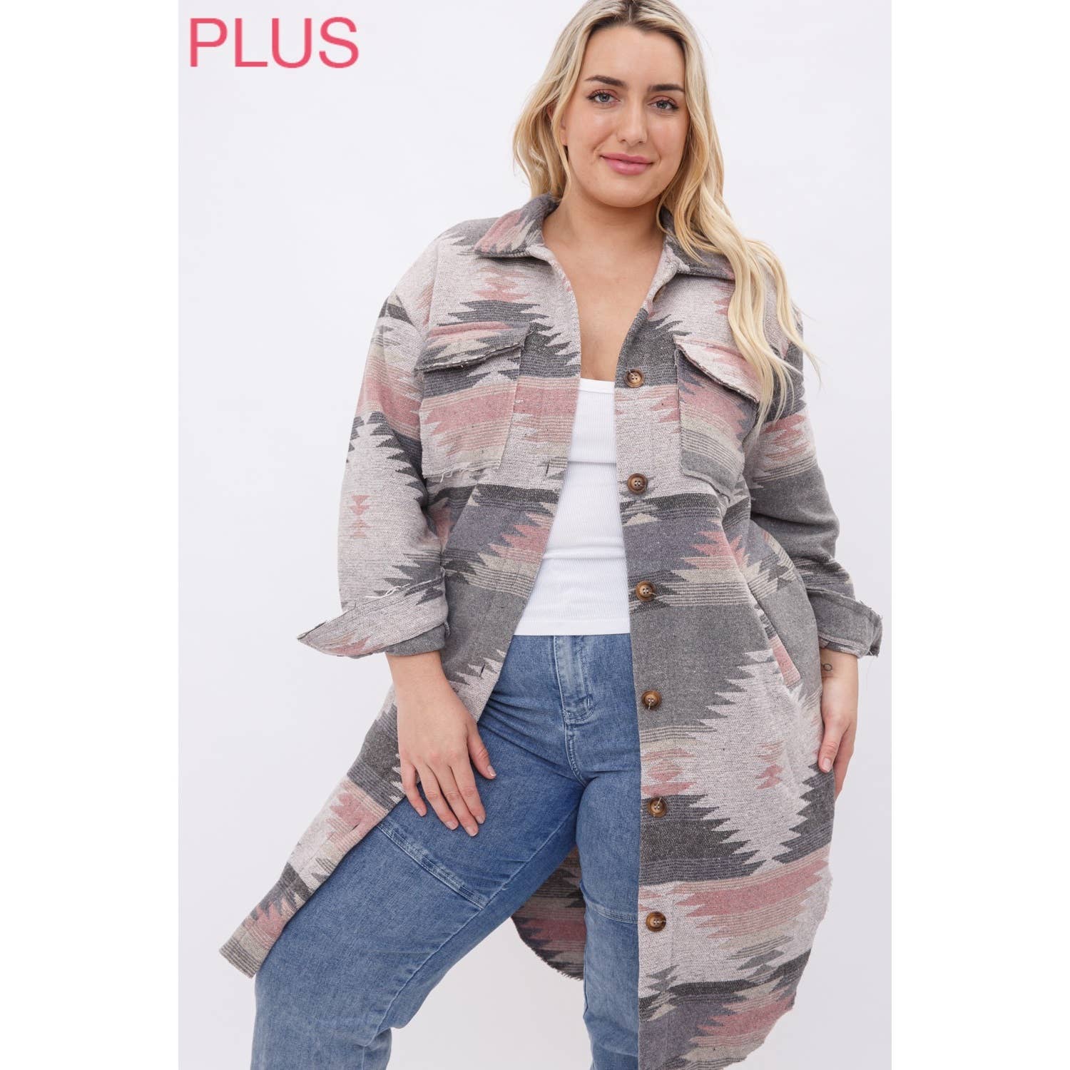 PLUS LONG TRIBAL AZTEC BUTTON DOWN SHIRT JACKET SHACKET: Pink / Grey