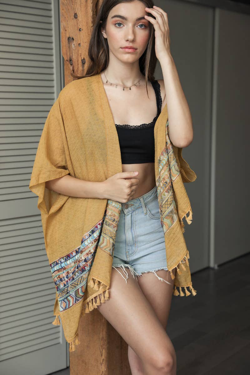 Embroidery Trim Kimono with Tassels: Mustard