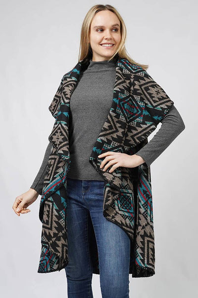 Aztec Reversible Round Shawl Vest: Taupe