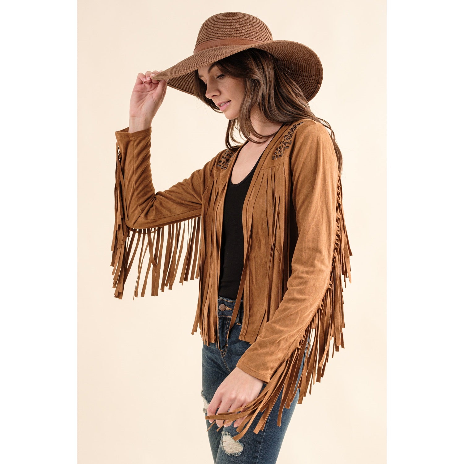 SUEDE BUTTON DOWN TOP WITH FRINGE AND METAL STUD