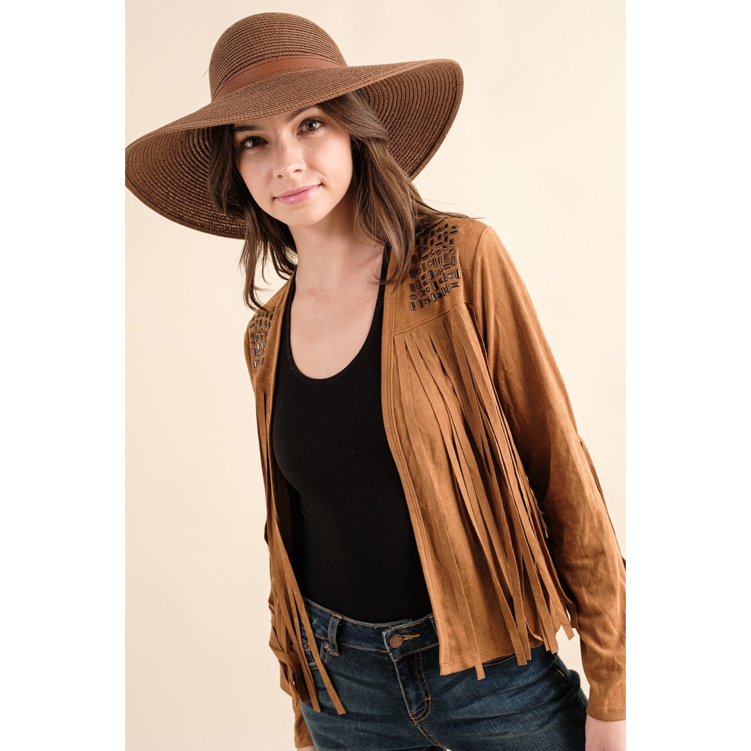 SUEDE BUTTON DOWN TOP WITH FRINGE AND METAL STUD