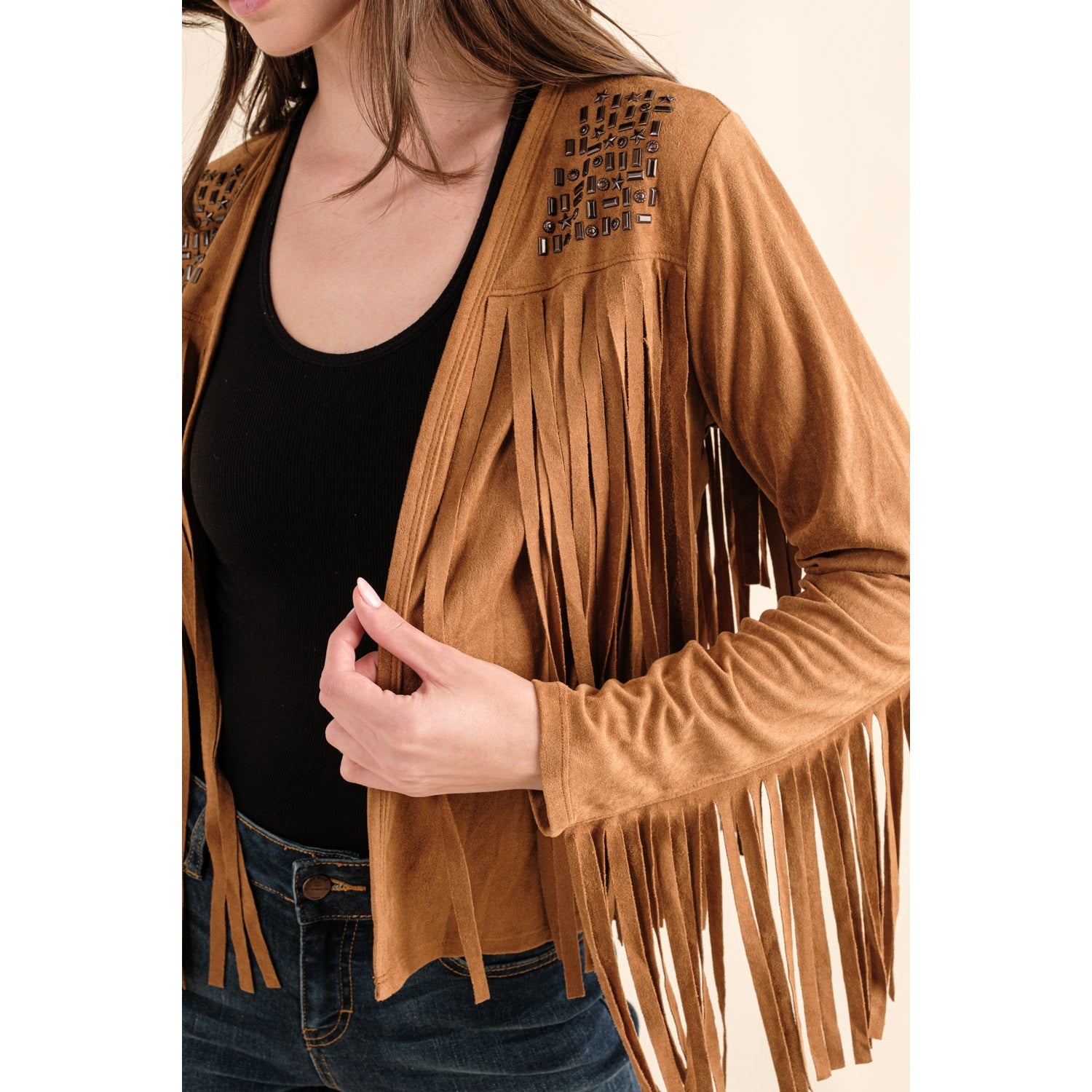 SUEDE BUTTON DOWN TOP WITH FRINGE AND METAL STUD