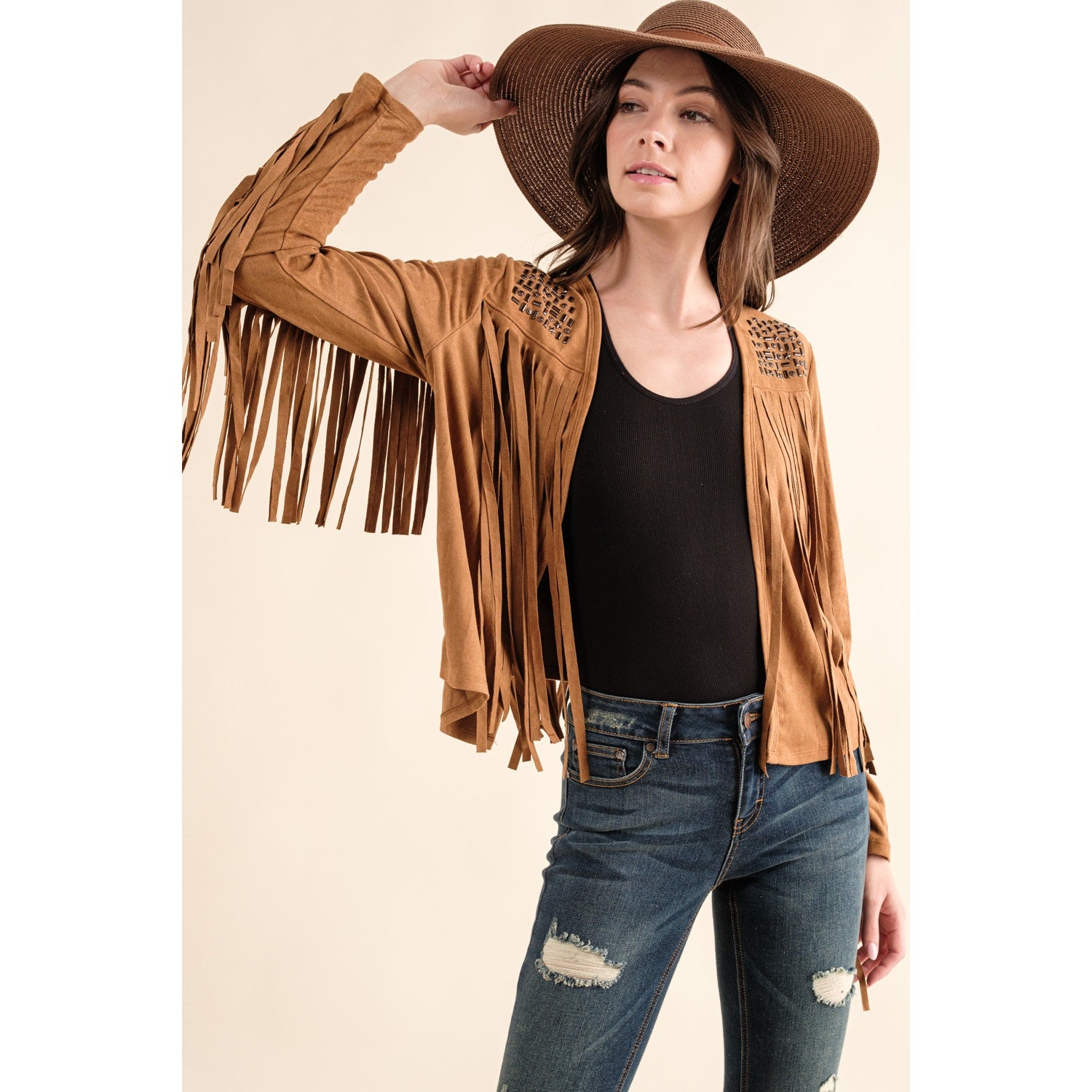 SUEDE BUTTON DOWN TOP WITH FRINGE AND METAL STUD