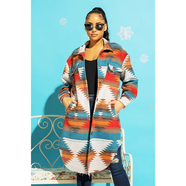 LONG TRIBAL AZTEC BUTTON DOWN SHIRT JACKET SHACKET